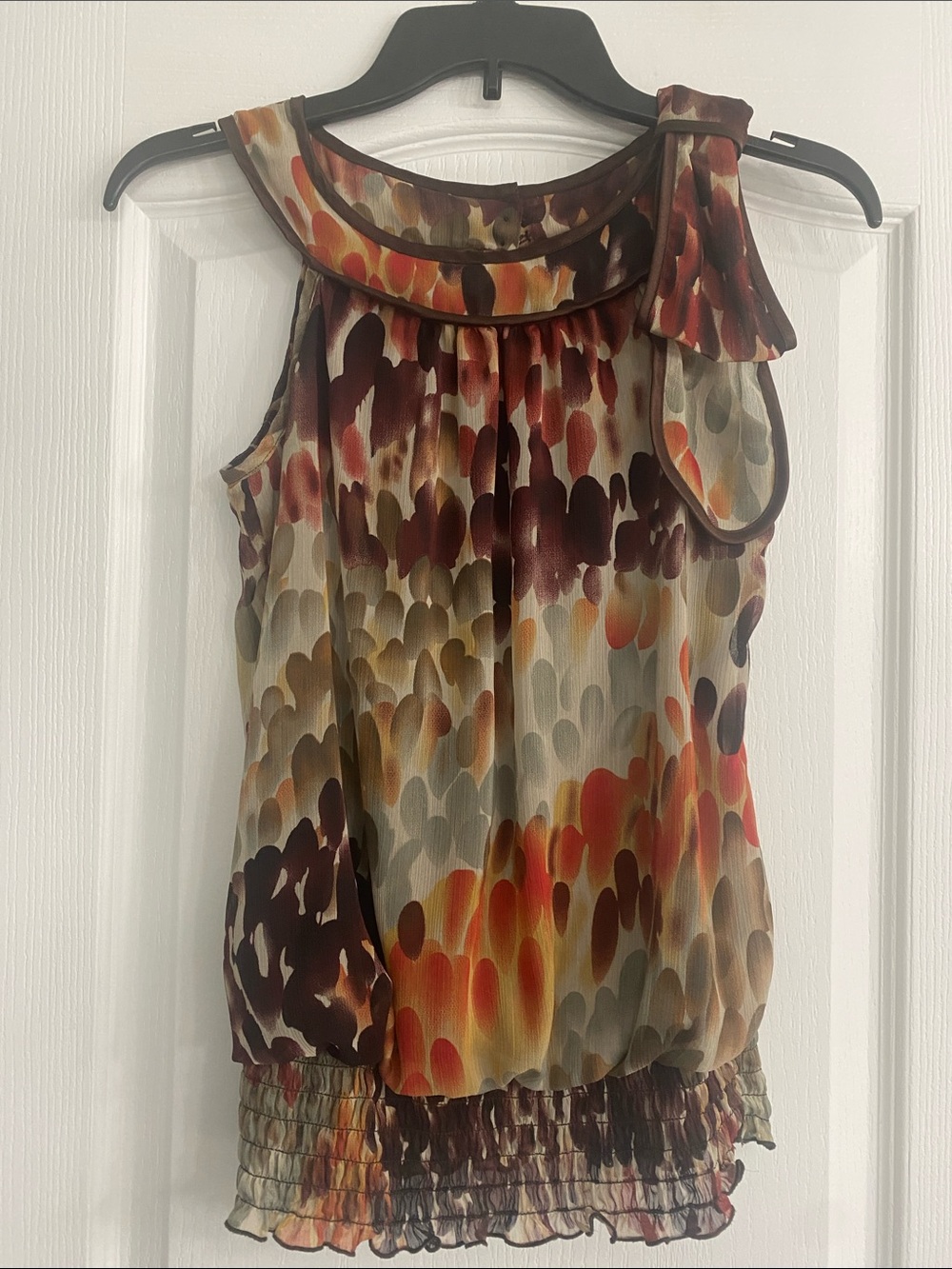A. Byer Multicolor Sleeveless Bow-Neck Blouse - Brown/Orange/Gray